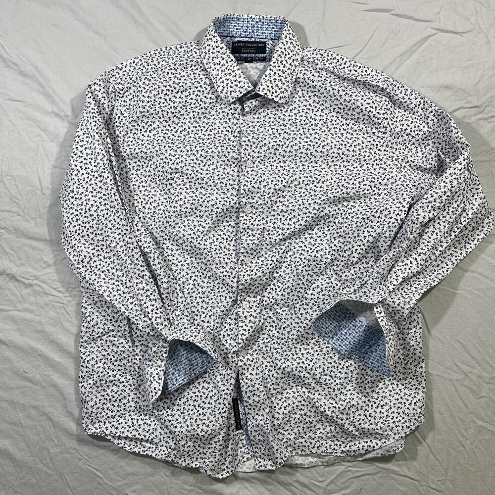 Report Collection white small black polka dots stretch shirt XL mens dress shirt